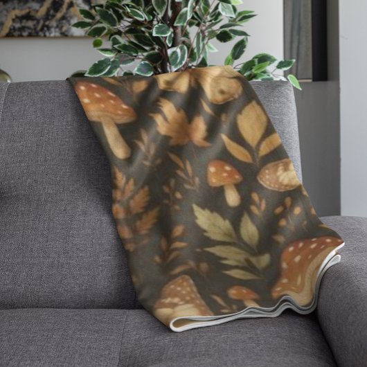 秋の森キノコと蝶 フリースブランケット