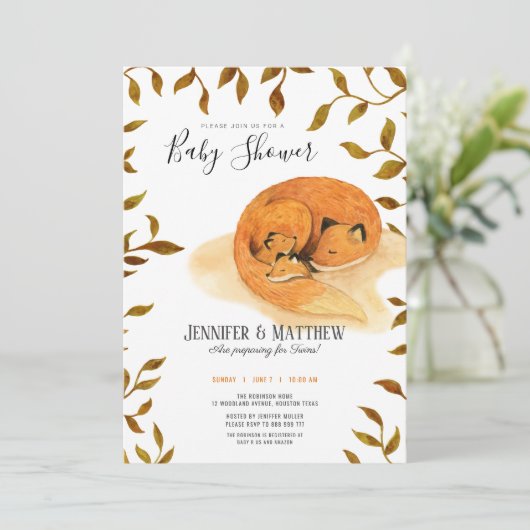 秋の森林キツネの双子の赤ちゃんシャワー 招待状 (スタンド正面)