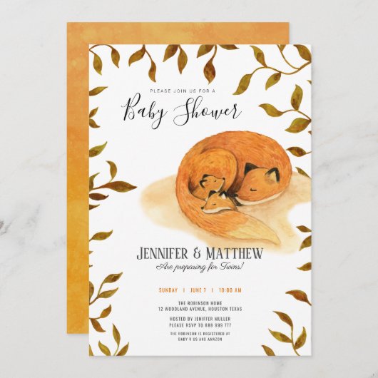 秋の森林キツネの双子の赤ちゃんシャワー 招待状 (正面/裏面)