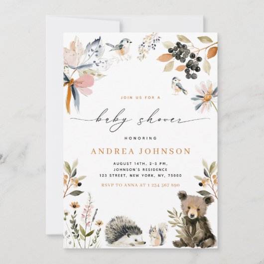 秋の森林動物秋赤ちゃんシャワー 招待状 (正面)