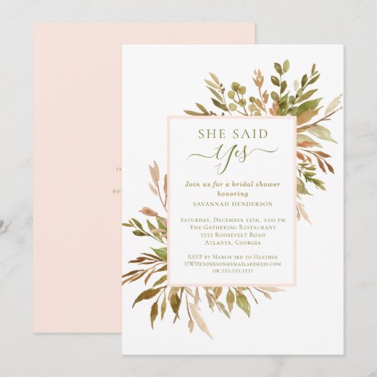 秋の植物グリーン ウェディングシャワー 招待状 (正面/裏面)