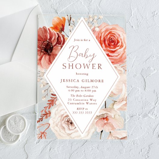 秋の植物学ボホフローラニュートラルベビーシャワー アクリル招待状