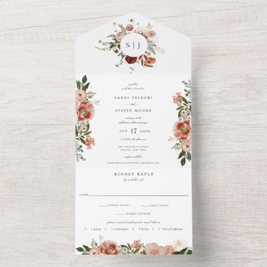 秋の植物性フローラテラコッタオレンジ結婚ズ オールインワン招待状 (内側)