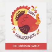 秋の様式化された座るトルコ幸せな感謝祭 ワインラベル (シングルラベル)