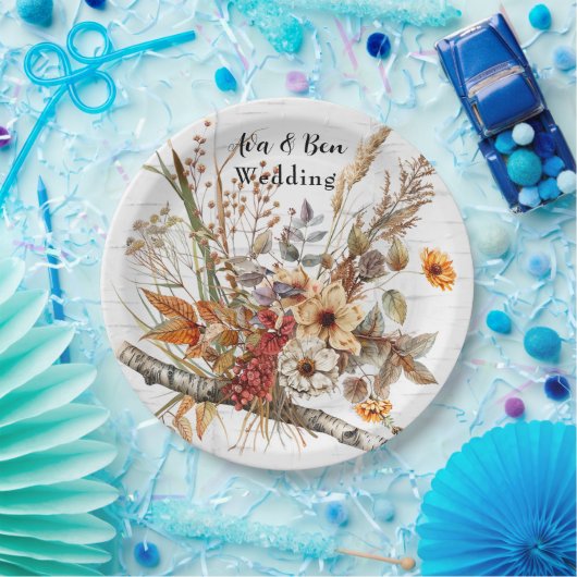 秋の樺の木の木と野結婚花 ペーパープレート (パーティー)