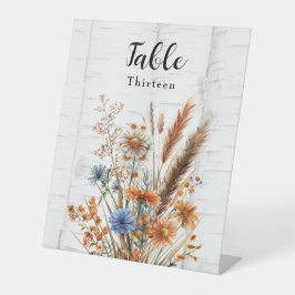 秋の樺の木ツリーとワイルドフラワーテーブル番号 台座サイン