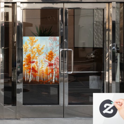 秋の樺の木ツリーズウィンドウにしがみつく ウィンドウサイン (オフィスドア)