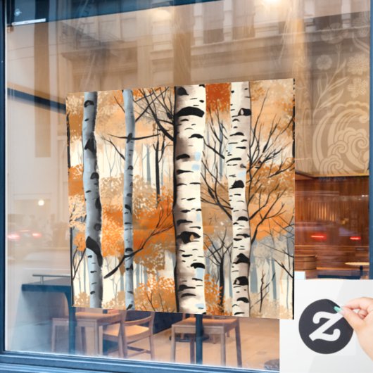 秋の樺の木ツリーズウィンドウにしがみつく ウィンドウサイン (カフェ窓)