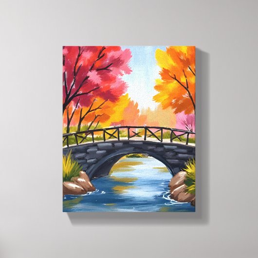 秋の橋 紅葉 水彩画 自然 キャンバスプリント (正面)