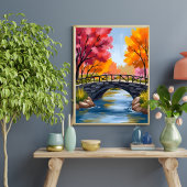 秋の橋 紅葉 水彩画 自然 ポスター