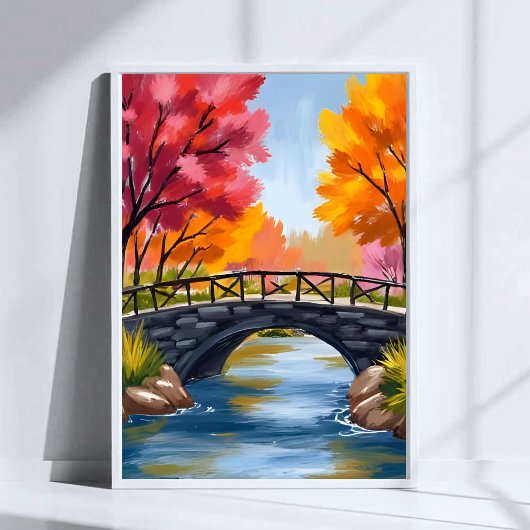 秋の橋 紅葉 水彩画 自然 ポスター