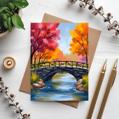 秋の橋 紅葉 水彩画 自然 ポストカード