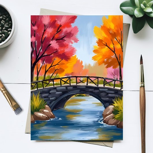 秋の橋 紅葉 水彩画 自然 ポストカード