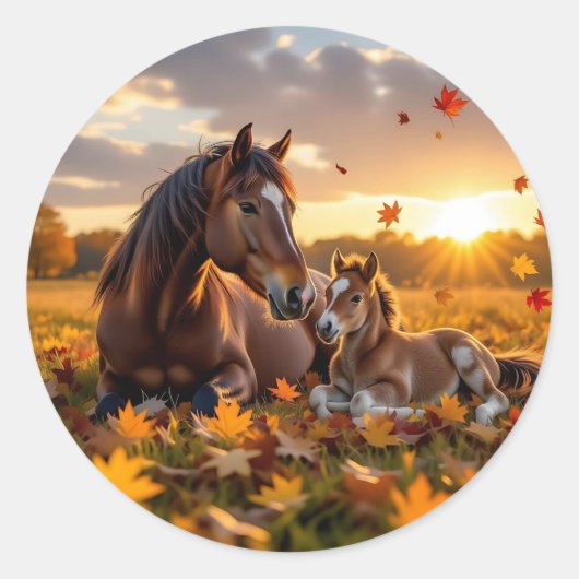 秋の母馬と子馬 ラウンドシール (正面)