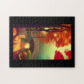 秋の水の上の橋の上のターコイズの葉 ジグソーパズル (横)