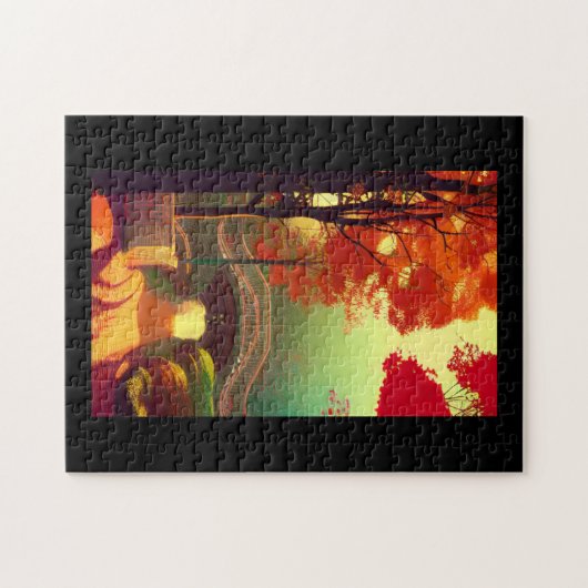 秋の水の上の橋の上のターコイズの葉 ジグソーパズル (横)