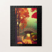 秋の水の上の橋の上のターコイズの葉 ジグソーパズル (縦)