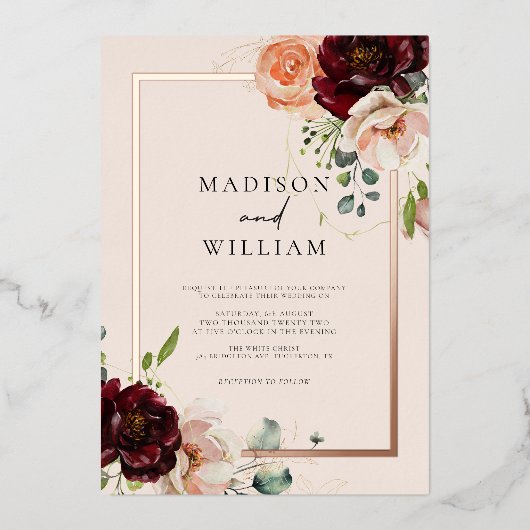 秋の水の色のフローラエレガントな結婚式 箔招待状 (正面)