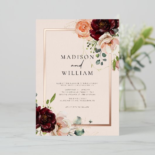 秋の水の色のフローラエレガントな結婚式 箔招待状 (立ち正面)