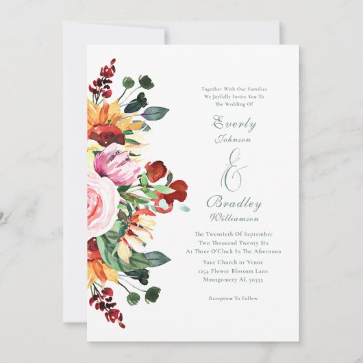 秋の水の色のフローラエレガントブルゴーニュ結婚ーズ 招待状 (正面)