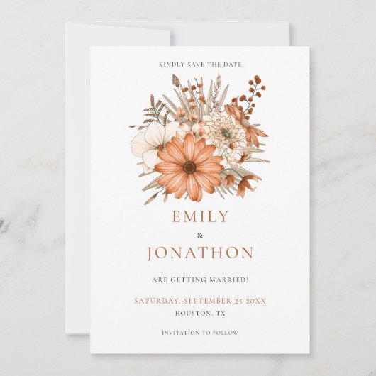 秋の水の色の花模様結婚式の日付を保存 セーブザデート (正面)