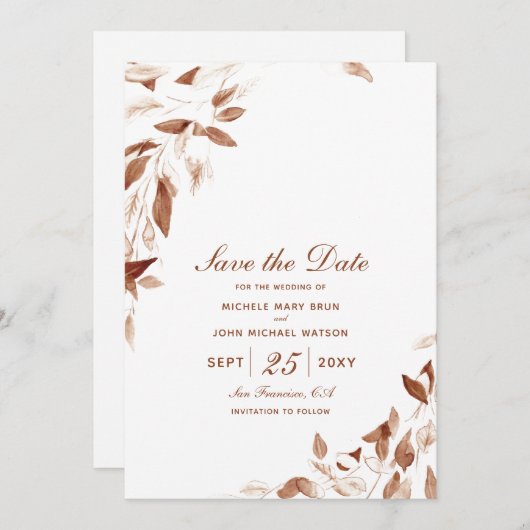 秋の水の色の茶色の離れ日付カードを保存 セーブザデート (正面/裏面)