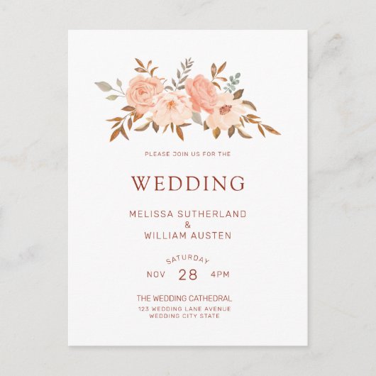 秋の水の色の赤面結婚フローラ インビテーションポストカード (正面)