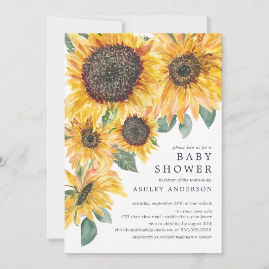 秋の水の色ひまわりフローラ赤ちゃんシャワー 招待状 (正面)