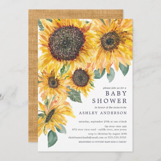 秋の水の色ひまわりフローラ赤ちゃんシャワー 招待状 (正面/裏面)