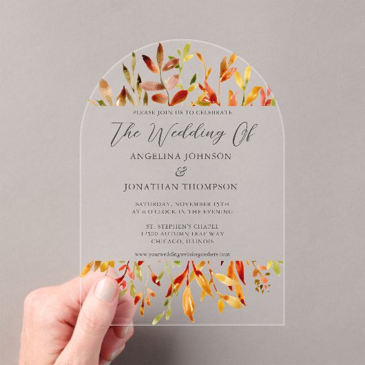 秋の水の色離れのシック秋の結婚式 アクリル招待状 (インサイチュ (ポータブル))