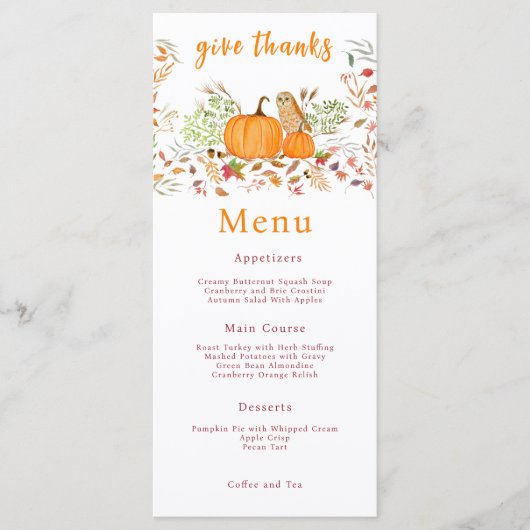 秋の水彩かぼちゃとフクロウ メニュー (正面)