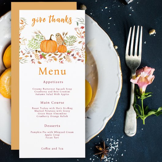 秋の水彩かぼちゃとフクロウ メニュー