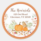 秋の水彩かぼちゃとフクロウ ラウンドシール (正面)