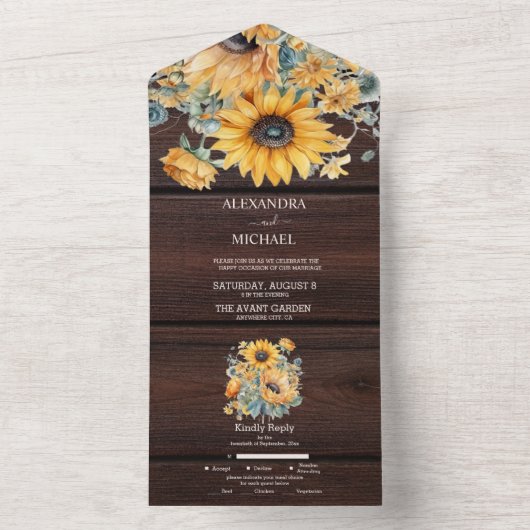 秋の水彩ひまわりウェディング オールインワン招待状 (内側)