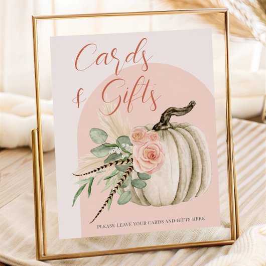 秋の水彩オレンジ色のカードとギフトテーブル ポスター