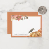 秋の水彩クロとカボチャ カスタムネーム ノートカード (正面/裏面インサイチュ)