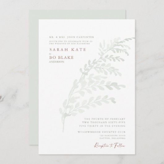 秋の水彩シンプルな葉のセージ&ラストウェディング 招待状 (正面/裏面)