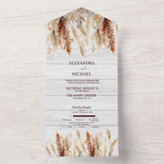 秋の水彩パンパス草の結婚式 オールインワン招待状 (内側)