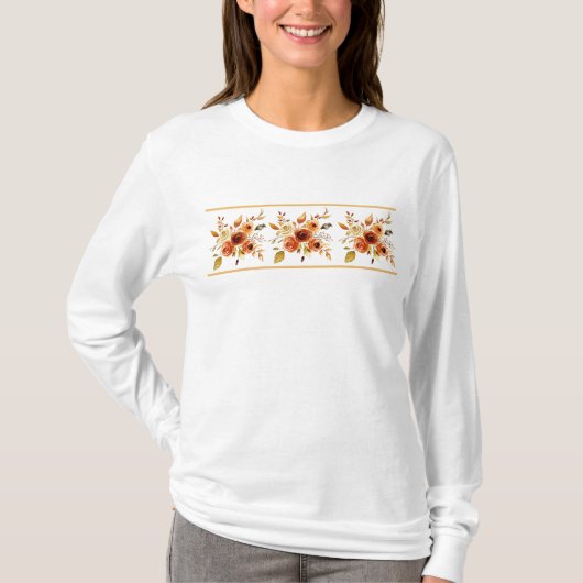 秋の水彩フラワーデザインTシャツ Tシャツ (正面)