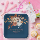 秋の水彩フラワーナビーブルーの誕生日パーティー ペーパープレート (パーティー)