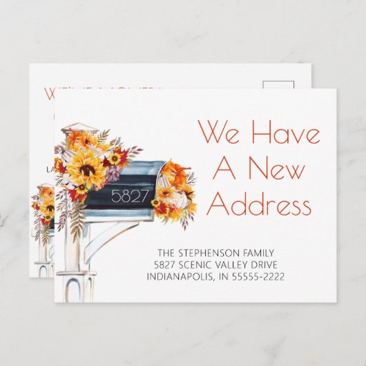 秋の水彩フローラメールボックスの新しいアドレス 案内ポストカード (正面/裏面)