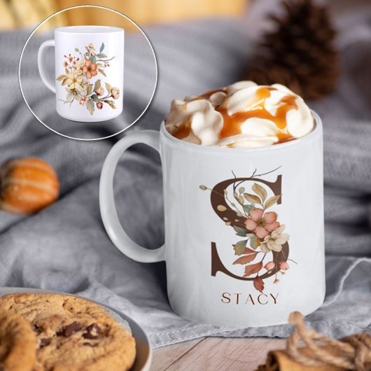 秋の水彩フローラモノグラムイニシャルS コーヒーマグカップ