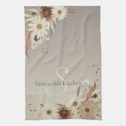 秋の水彩フローラモノグラムパーソナライズされた キッチンタオル (縦)