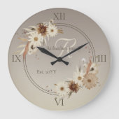 秋の水彩フローラモノグラムパーソナライズされた ラージ壁時計 (正面)
