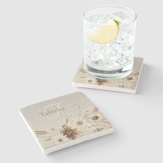 秋の水彩フローラモノグラム ストーンコースター (横)