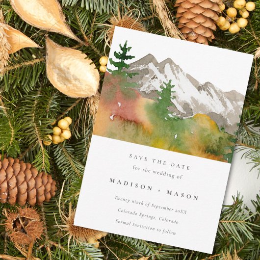 秋の水彩山と松の木 Save the Date セーブザデート