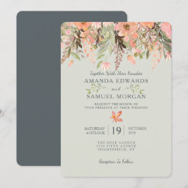 秋の水彩桃色と緑のウェディング招待状 招待状