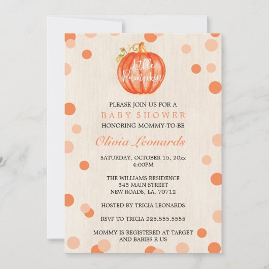 秋の水彩画のカボチャベビーシャワー招待状 招待状 (正面)
