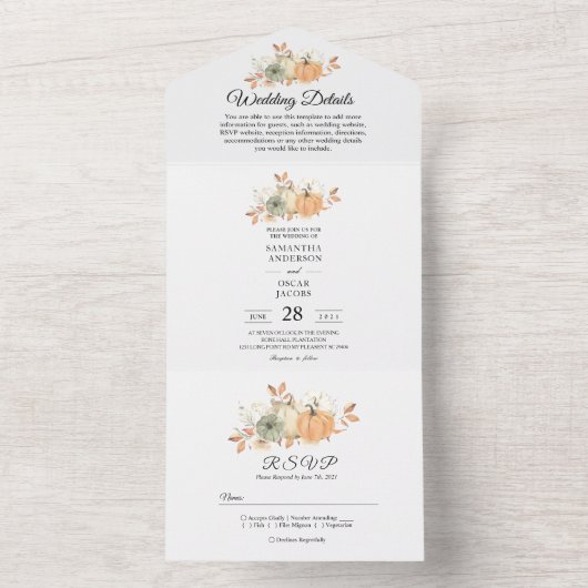 秋の水彩画のパンプキンと花 オールインワン招待状 (内側)