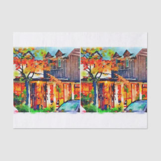 秋の水彩画の火色のdecoupageの混合メディア 薄葉紙